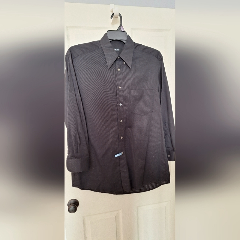 Hugo Boss Mens Black Long-Sleeve Button Collar Shirt Size 16 32/33 100% cotton